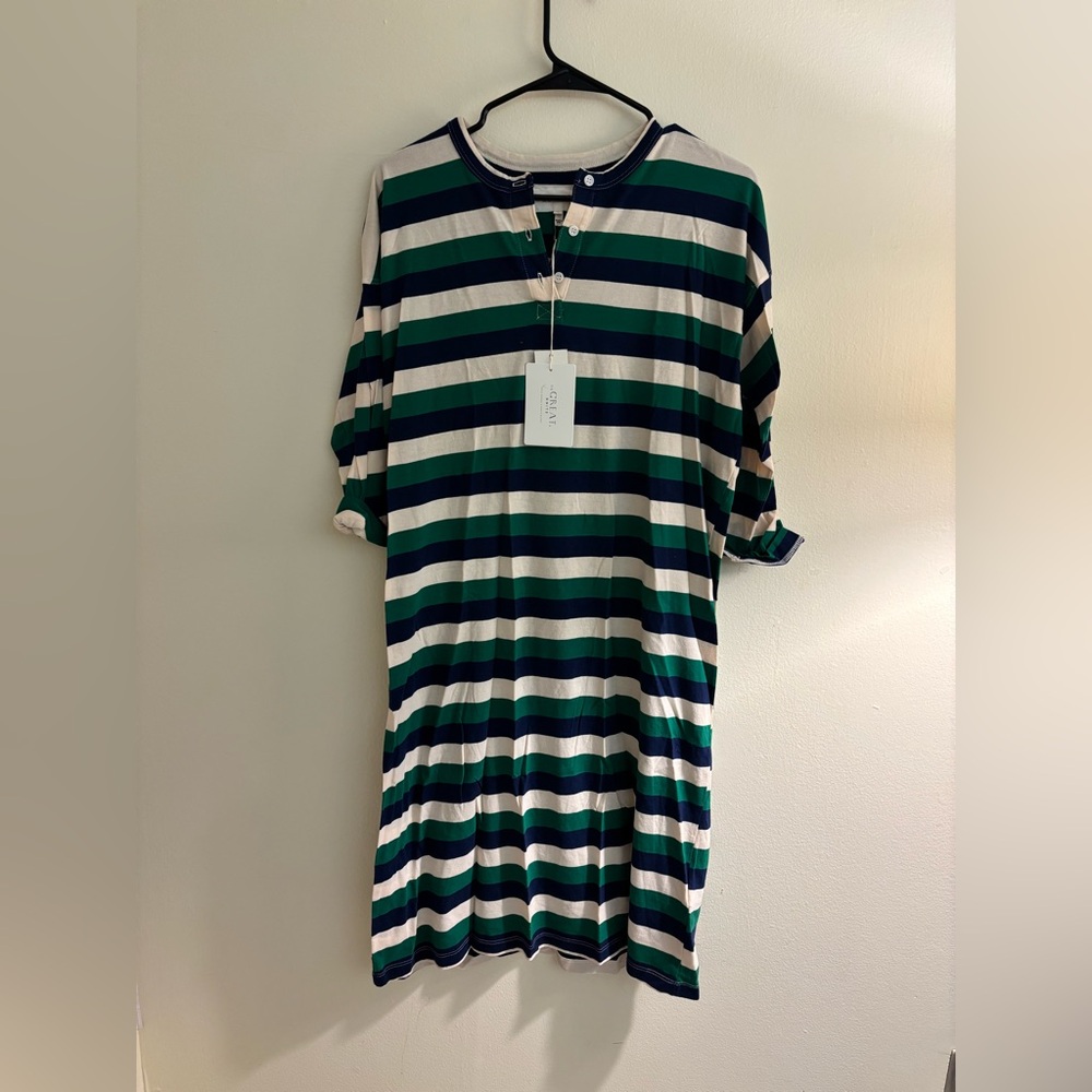 THE GREAT. Striped Maxi Dress in Green, Blue, and White